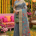 Grey Linen Silk Saree Multicolor Peacock Floral Print Zari Border