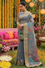 Grey Linen Silk Saree Multicolor Peacock Floral Print Zari Border
