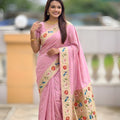 Pink Floral Woven Linen Silk Saree with Designer Border