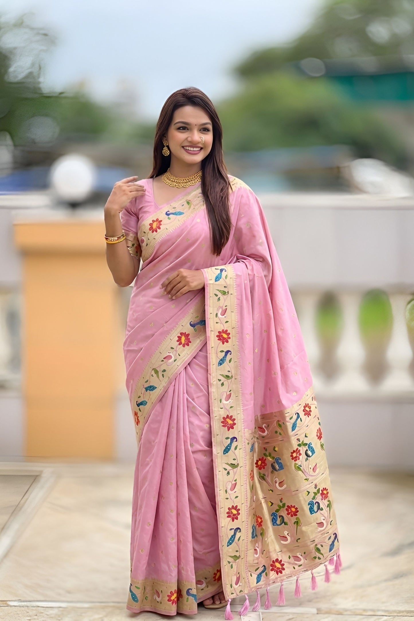 Pink Floral Woven Linen Silk Saree with Designer Border