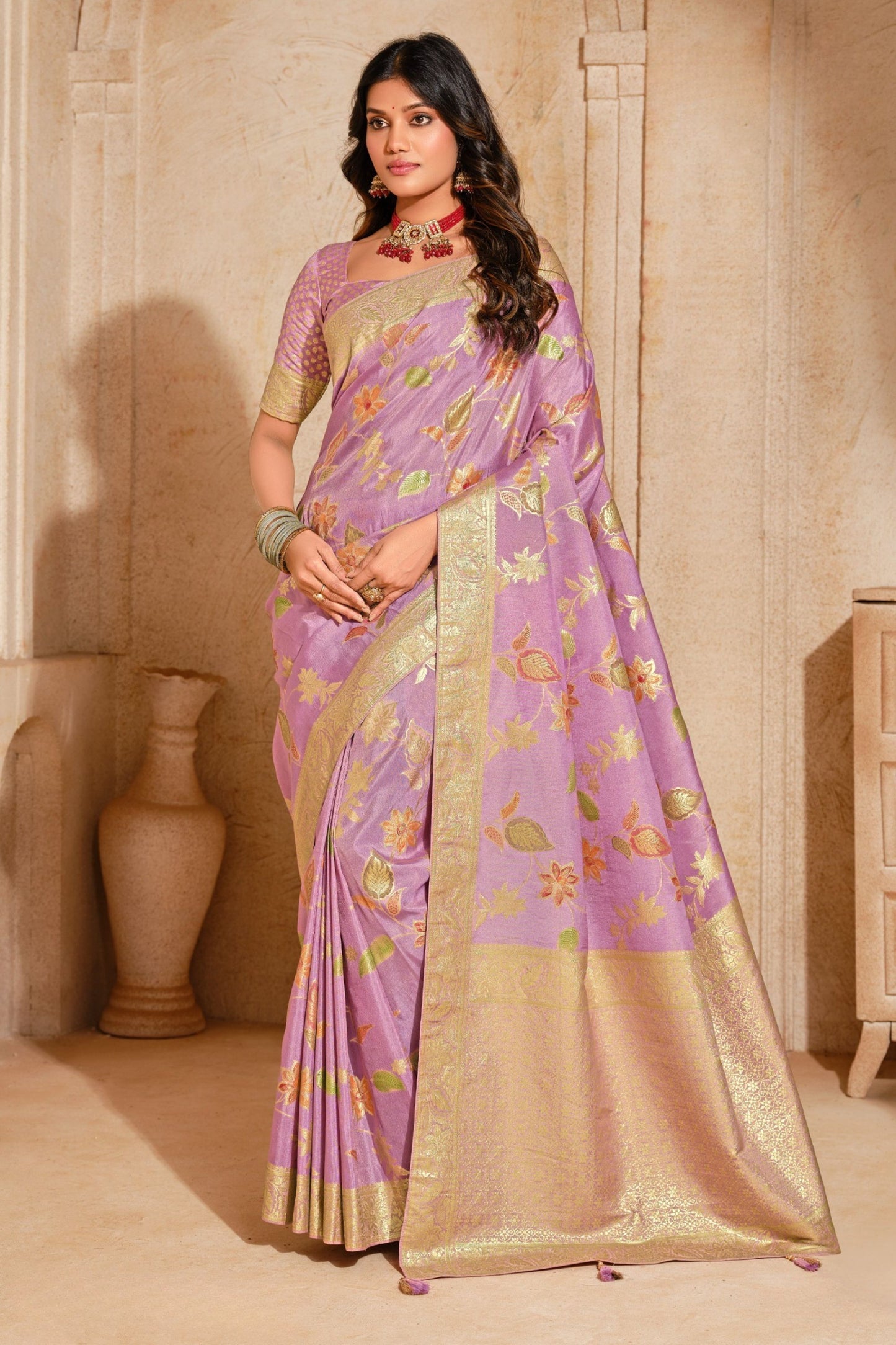  Lavender Banarasi Silk Saree  Gold Zari Floral Weaving Rich Traditional Border 