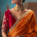 Orange Designer Saree with Zari Embroidery Contrast Red Blouse