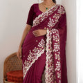 Wine Purple Satin Silk Saree Heavy Floral Embroidery Designer Blouse