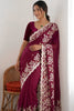 Wine Purple Satin Silk Saree Heavy Floral Embroidery Designer Blouse
