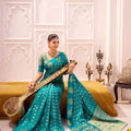 Teal Blue Banarasi Silk Saree with Gold Zari Buta Traditional Pallu