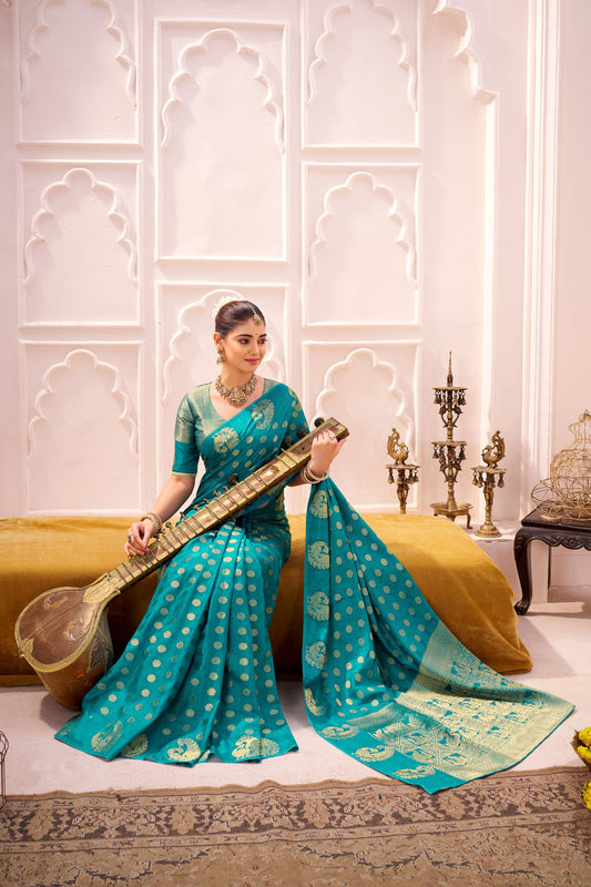 Teal Blue Banarasi Silk Saree with Gold Zari Buta Traditional Pallu