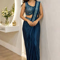 Navy Blue Ready to Wear Satin Saree with Embroidered Blouse
