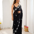 Designer Embroidered Black Satin Saree Party Wear