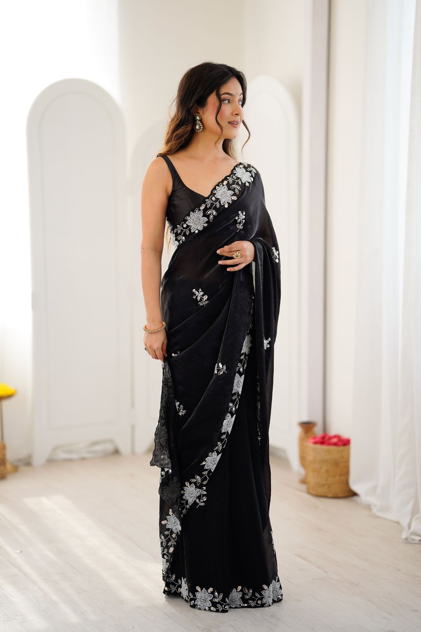 Designer Embroidered Black Satin Saree Party Wear