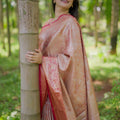 Rose Gold Banarasi Silk Saree Rich Zari Weaving Contrast Pink Border