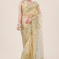 Cream Gold Net Saree Heavy Sequins Embroidery Work Designer Blouse