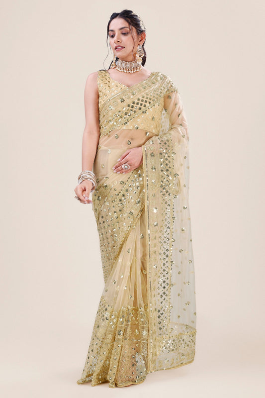 Cream Gold Net Saree Heavy Sequins Embroidery Work Designer Blouse
