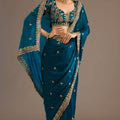 Teal Blue Silk Saree with Heavy Embroidered Border Designer Blouse