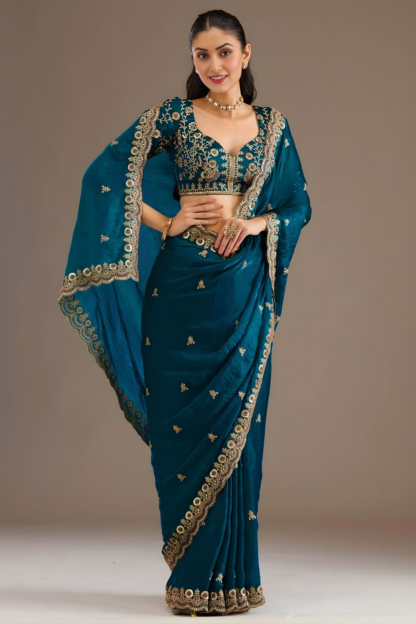 Teal Blue Silk Saree with Heavy Embroidered Border Designer Blouse