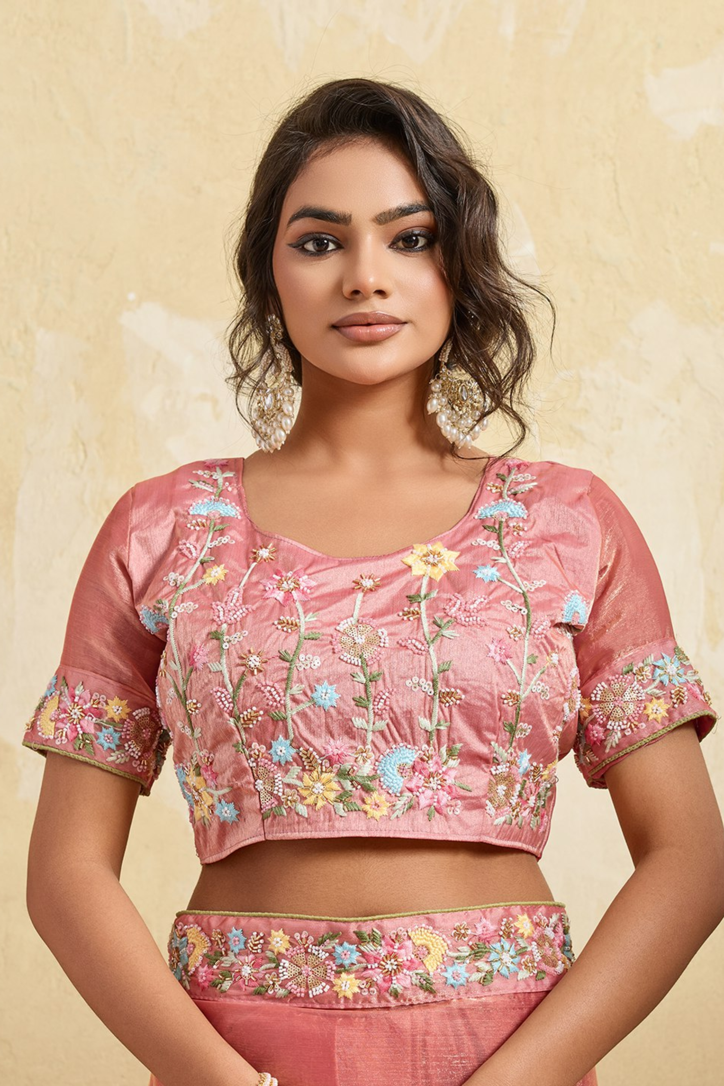 Peach Pink Organza Silk Saree with Floral Embroidered Border