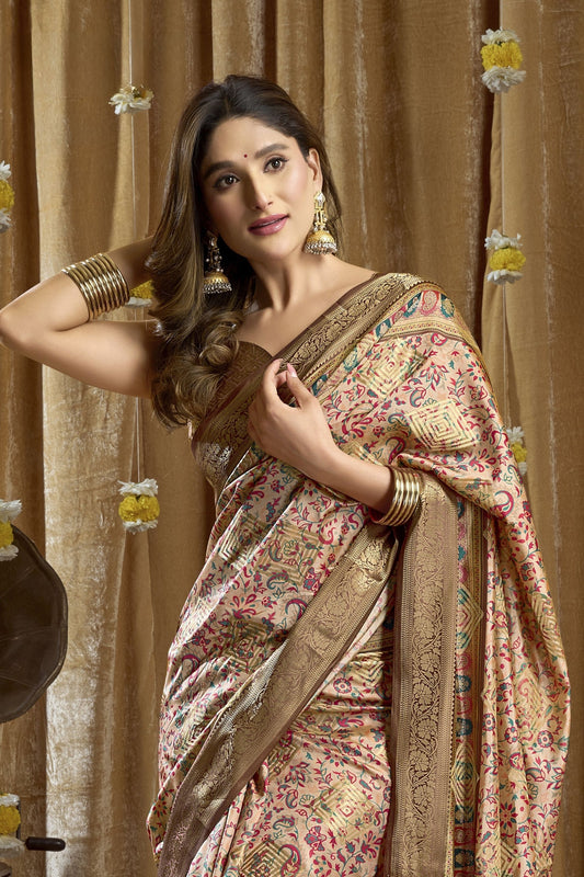 Beige And Gold Banarasi Silk Saree with Traditional Woven Saree