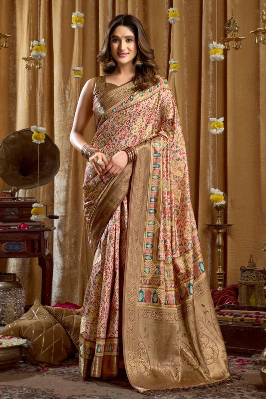 Beige And Gold Banarasi Silk Saree with Traditional Woven Saree 