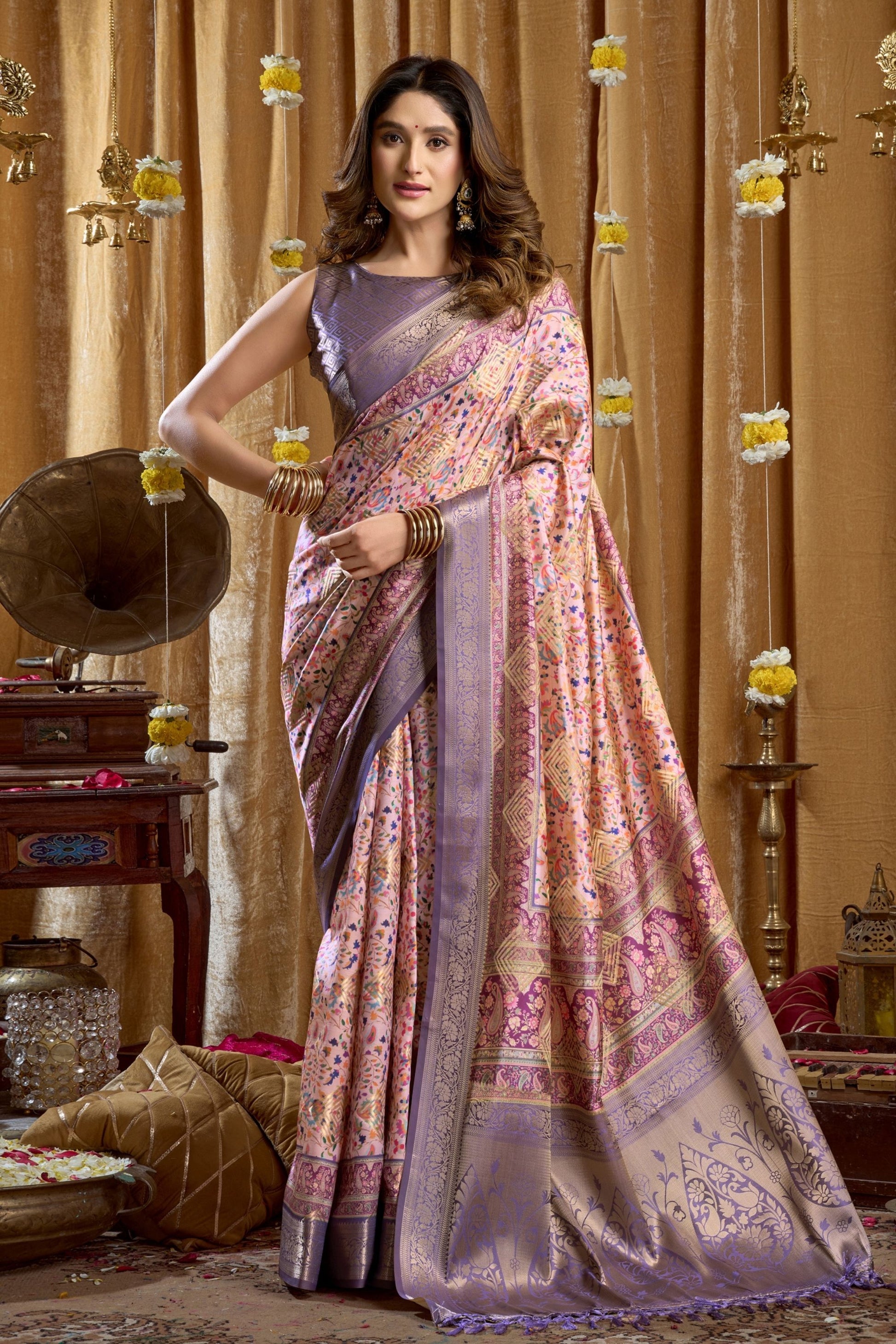 Lavender Peach Banarasi Silk Saree with Traditional Woven Motifs