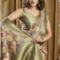 Olive Green Floral Banarasi Silk Saree with Rich Zari Border