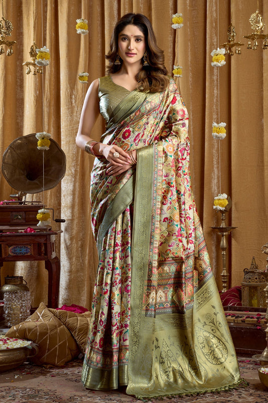 Olive Green Floral Banarasi Silk Saree with Rich Zari Border 