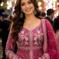Luxurious Rani Pink Heavy Embroidered Floor Length Gown with Designer Net Dupatta for Wedding
