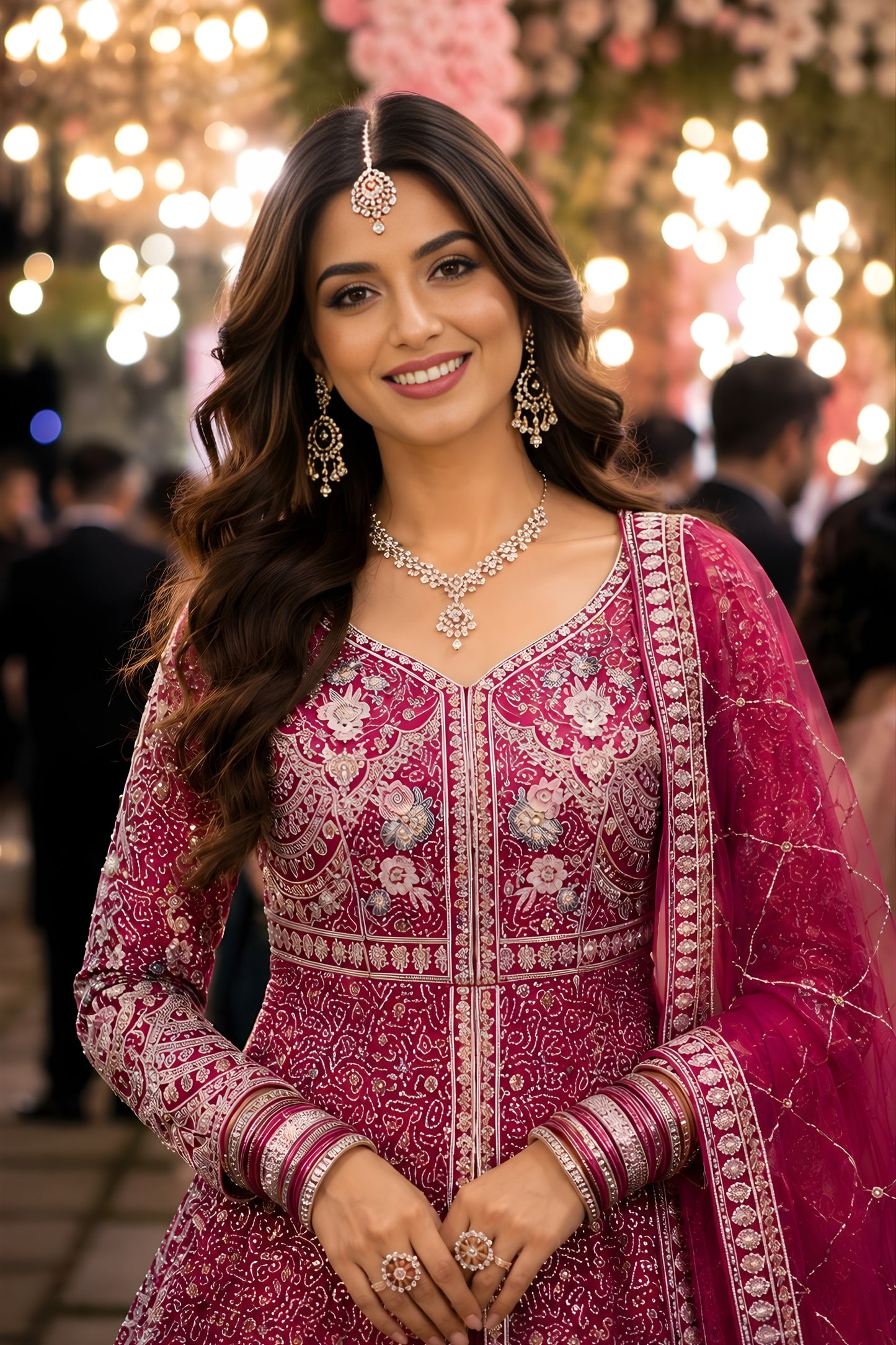 Luxurious Rani Pink Heavy Embroidered Floor Length Gown with Designer Net Dupatta for Wedding