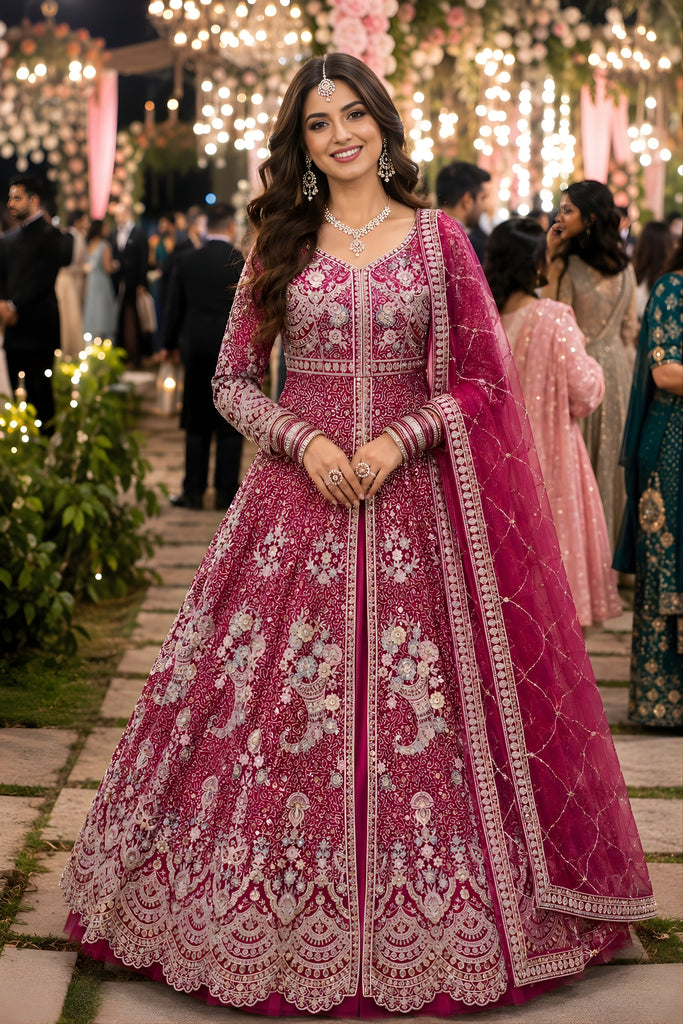 Luxurious Rani Pink Heavy Embroidered Floor Length Gown with Designer Net Dupatta for Wedding