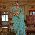  Sea Green Organza Saree with Floral Embroidered Border Designer Blouse