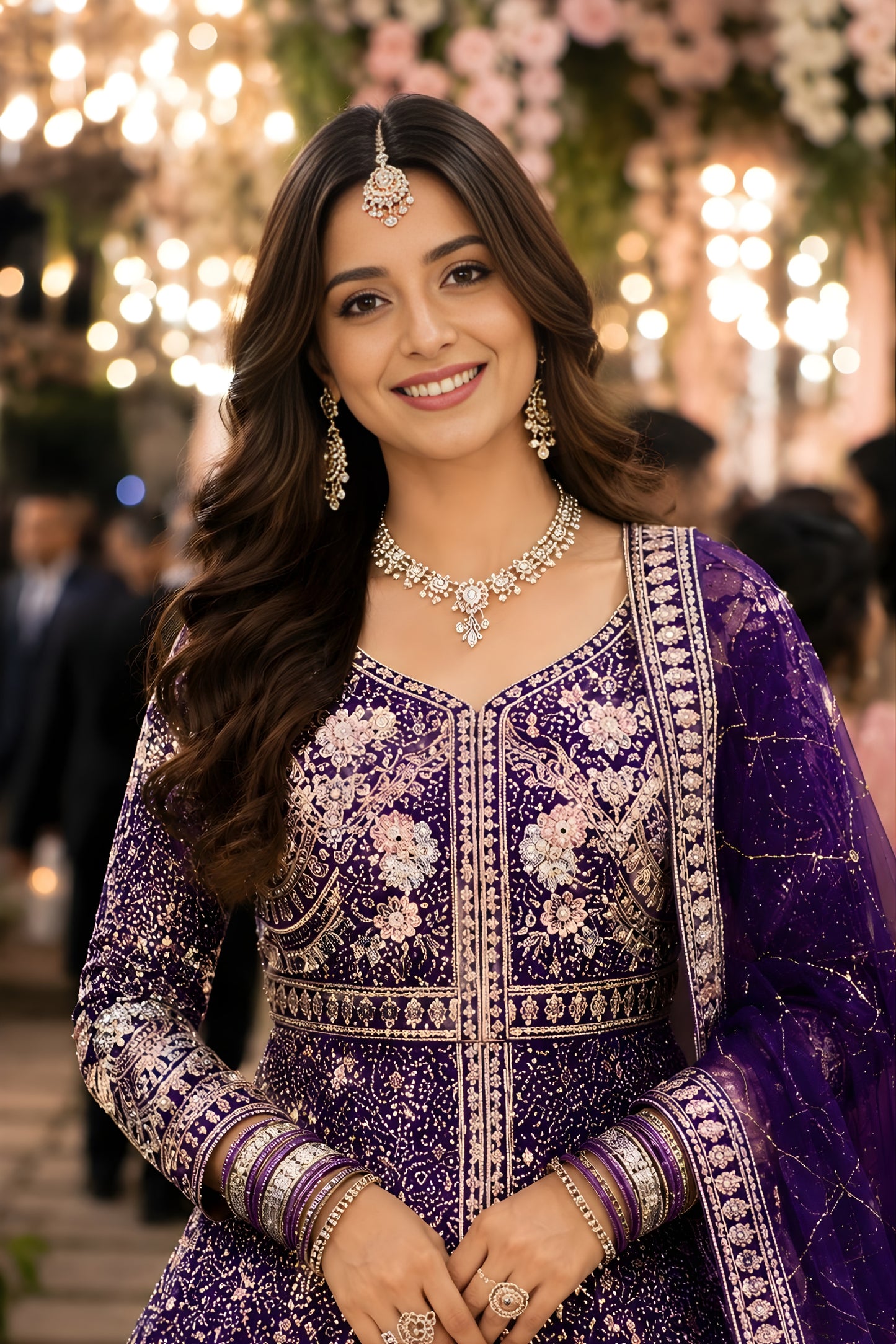 Royal Purple Heavy Embroidered Floor Length Gown with Designer Net Dupatta for Wedding