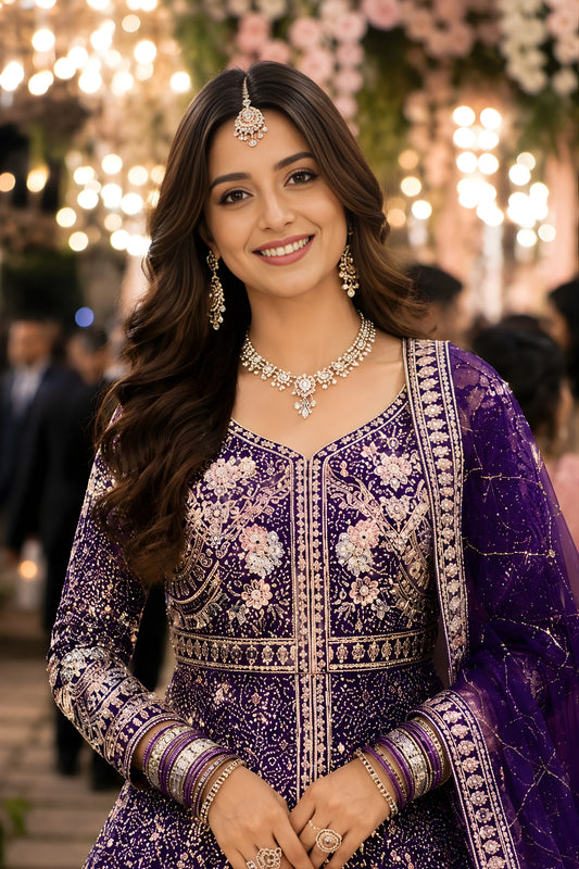 Royal Purple Heavy Embroidered Floor Length Gown with Designer Net Dupatta for Wedding
