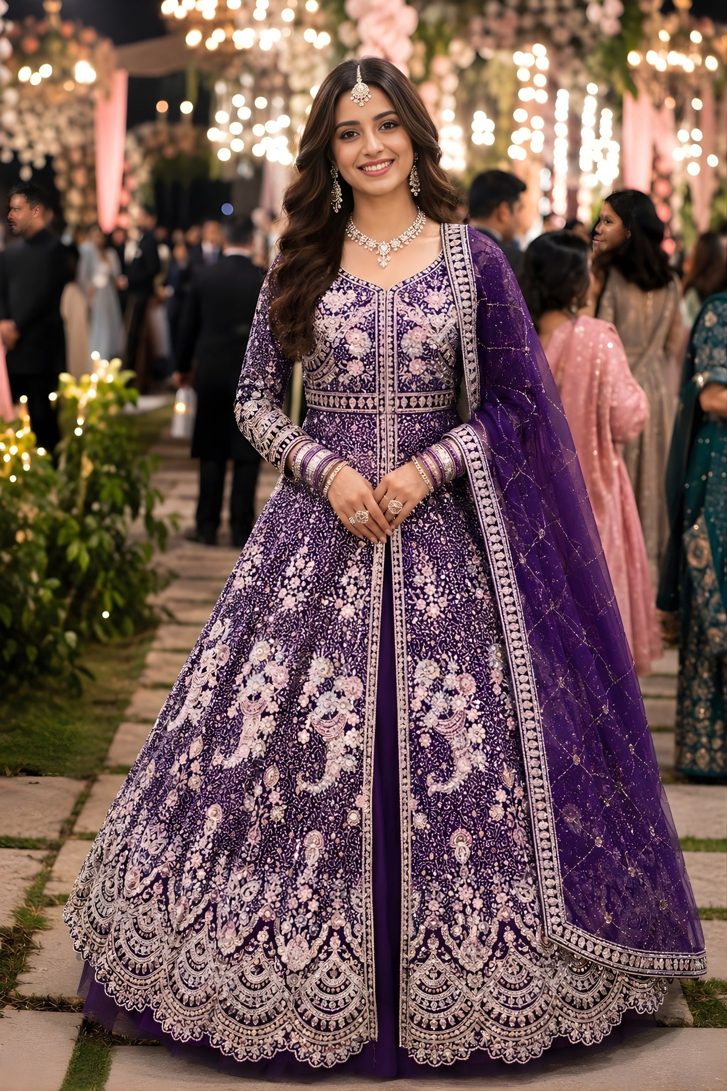 Royal Purple Heavy Embroidered Floor Length Gown with Designer Net Dupatta for Wedding