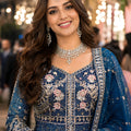 Elegant Navy Blue Heavy Embroidered Floor Length Gown with Designer Net Dupatta for Wedding
