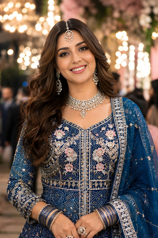 Elegant Navy Blue Heavy Embroidered Floor Length Gown with Designer Net Dupatta for Wedding