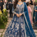 Elegant Navy Blue Heavy Embroidered Floor Length Gown with Designer Net Dupatta for Wedding
