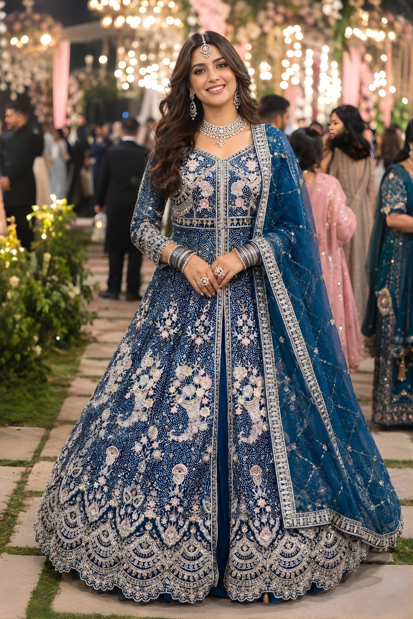 Elegant Navy Blue Heavy Embroidered Floor Length Gown with Designer Net Dupatta for Wedding