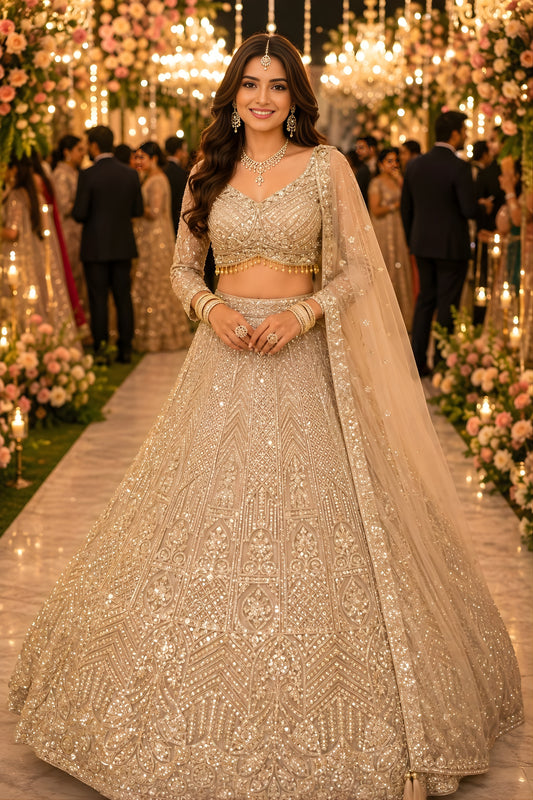 Elegant Beige Net Embroidered Bridal Lehenga Choli with Designer Dupatta for Wedding