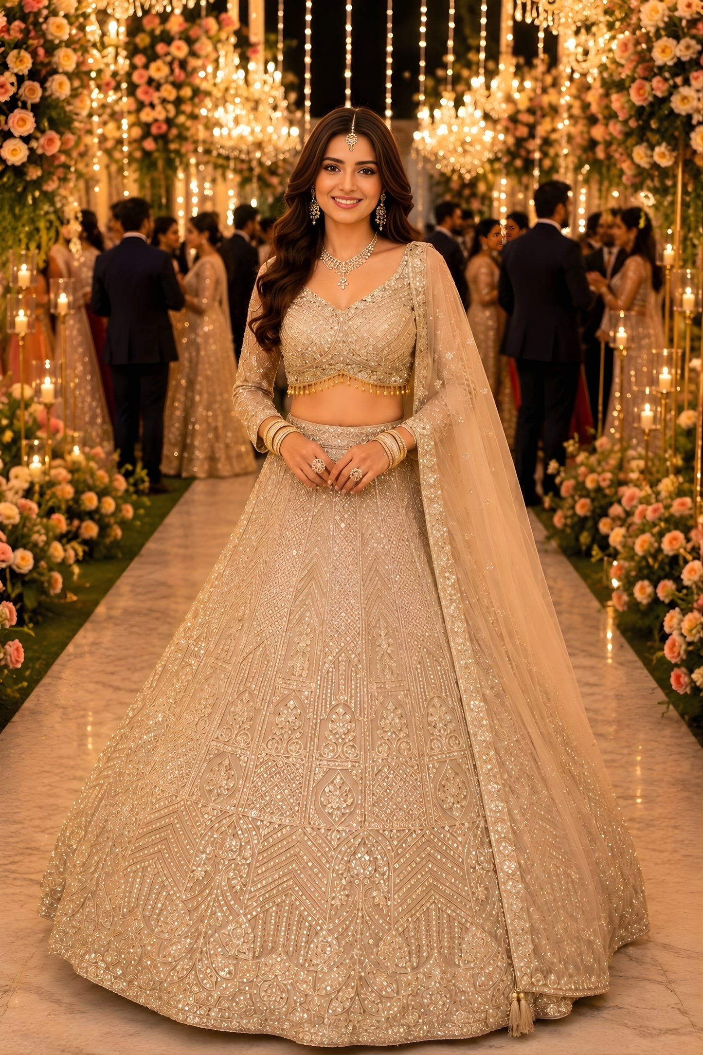 Elegant Beige Net Embroidered Bridal Lehenga Choli with Designer Dupatta for Wedding 