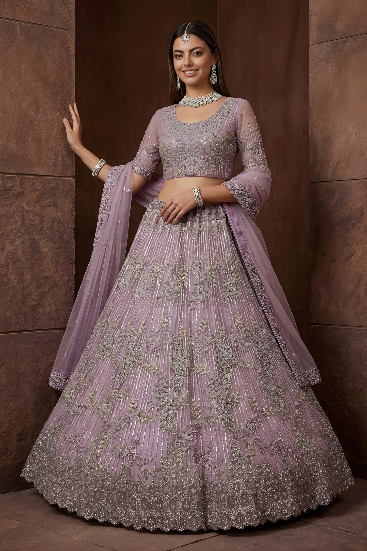 Elegant Lavender Embroidered Sequins Net Lehenga Choli with Dupatta for Women