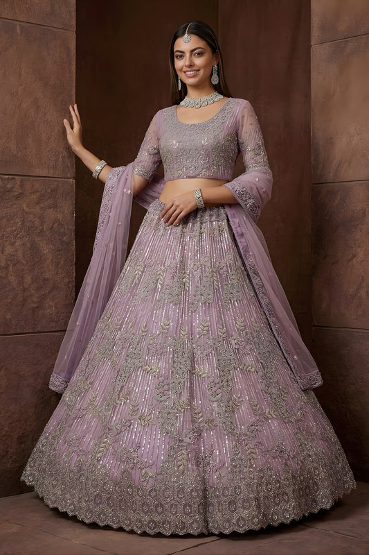 Elegant Lavender Embroidered Sequins Net Lehenga Choli with Dupatta for Women