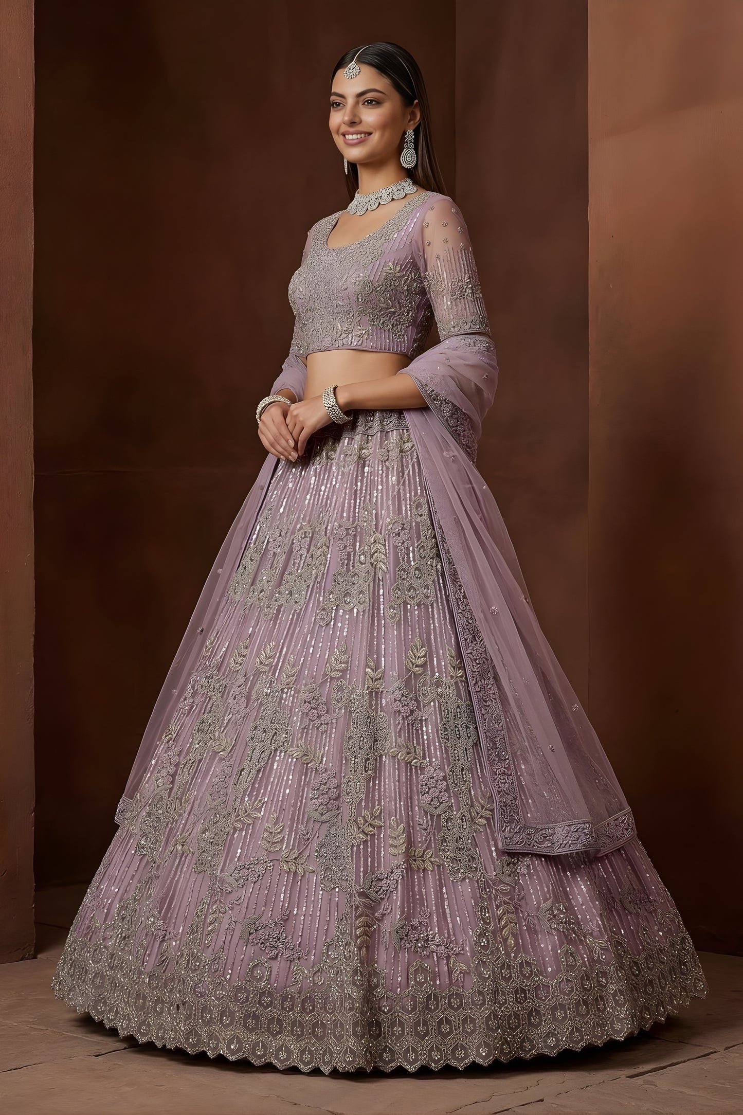 Elegant Lavender Embroidered Sequins Net Lehenga Choli with Dupatta for Women