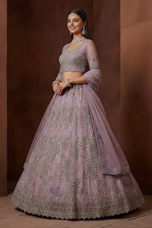Elegant Lavender Embroidered Sequins Net Lehenga Choli with Dupatta for Women