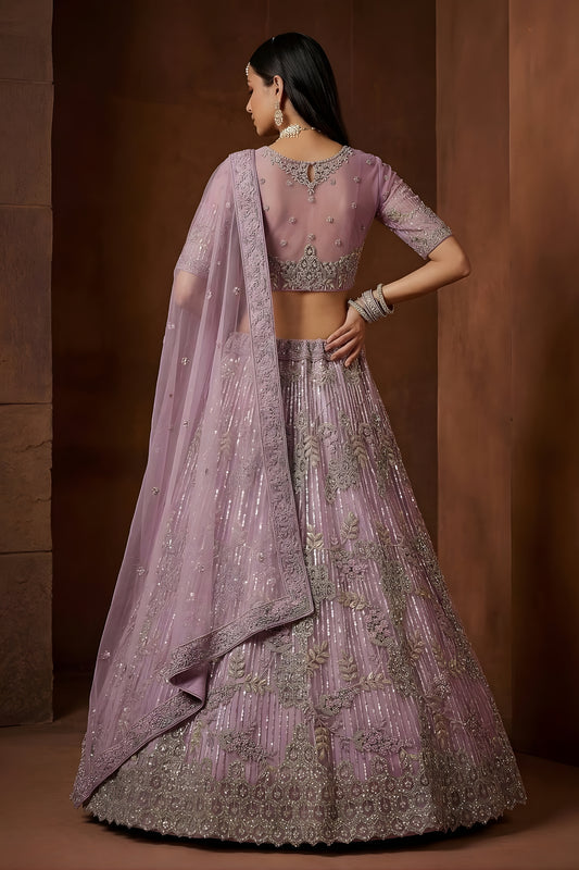 Elegant Lavender Embroidered Sequins Net Lehenga Choli with Dupatta for Women