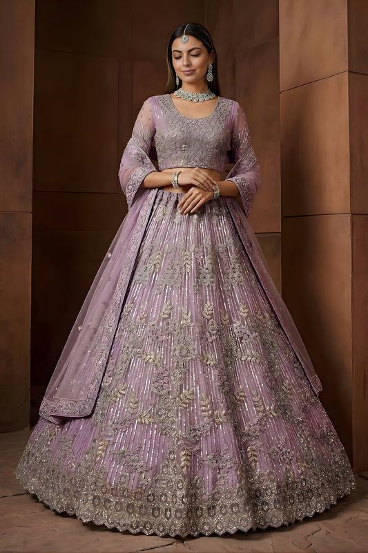 Elegant Lavender Embroidered Sequins Net Lehenga Choli with Dupatta for Women