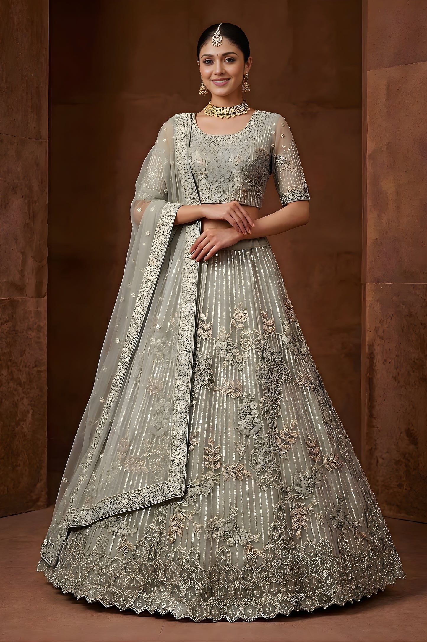 Graceful Pista Green Embroidered Sequins Net Lehenga Choli with Dupatta for Women