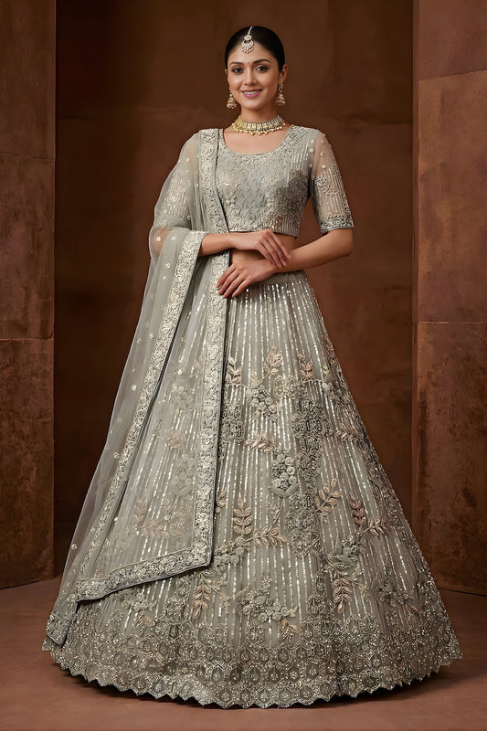 Graceful Pista Green Embroidered Sequins Net Lehenga Choli with Dupatta for Women