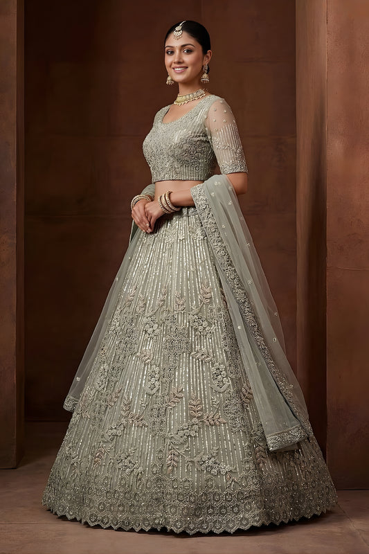 Graceful Pista Green Embroidered Sequins Net Lehenga Choli with Dupatta for Women