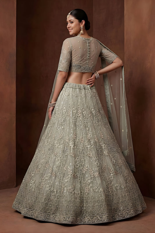Graceful Pista Green Embroidered Sequins Net Lehenga Choli with Dupatta for Women