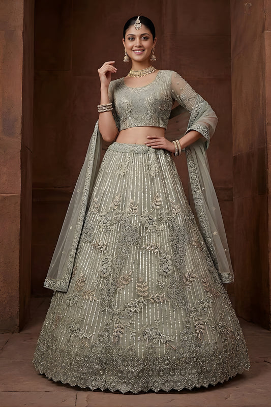 Graceful Pista Green Embroidered Sequins Net Lehenga Choli with Dupatta for Women
