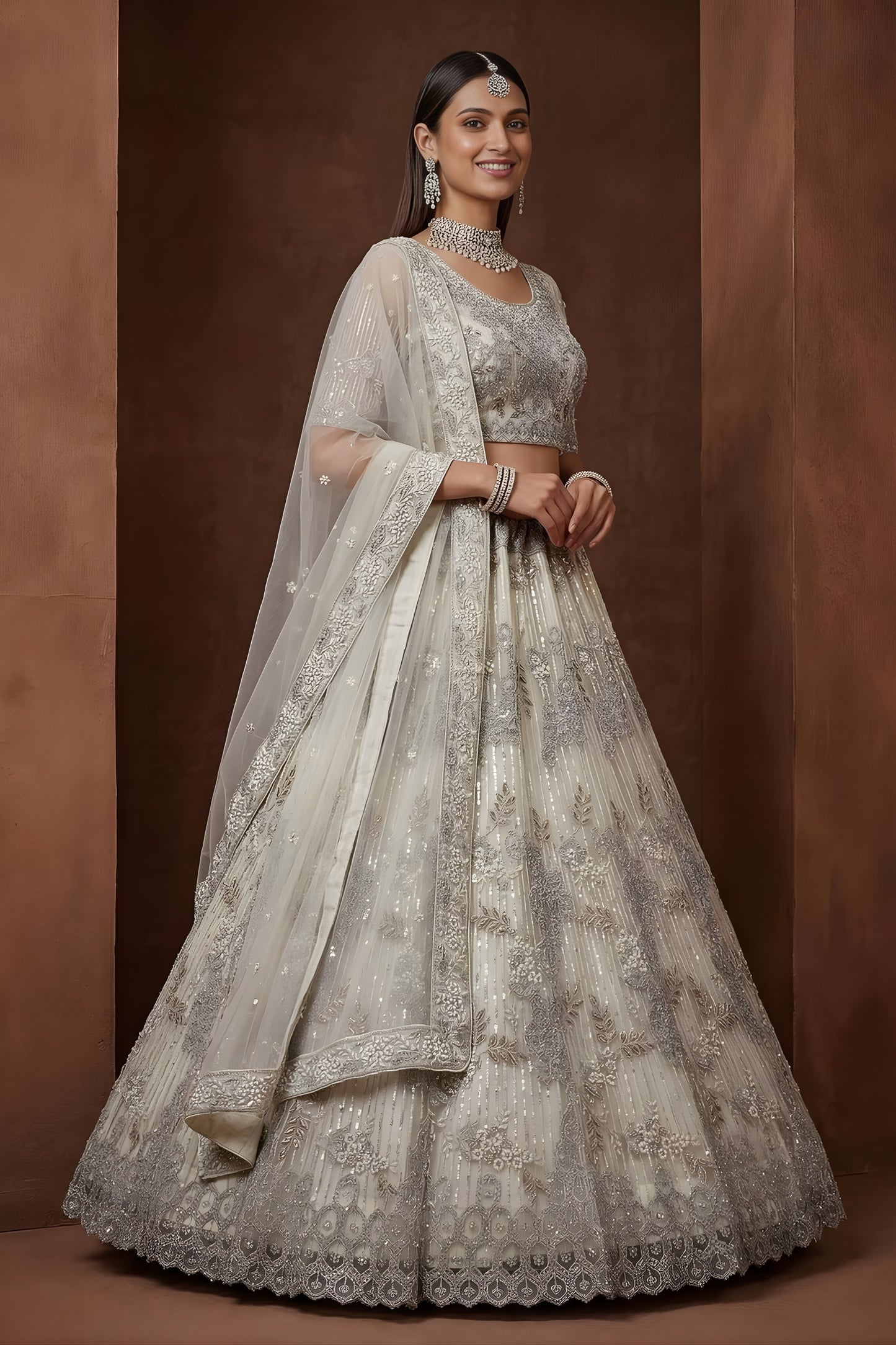 Elegant Off White Embroidered Sequins Net Lehenga Choli with Dupatta for Women