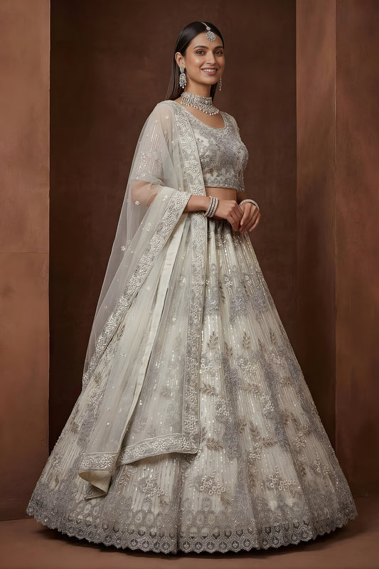 Elegant Off White Embroidered Sequins Net Lehenga Choli with Dupatta for Women